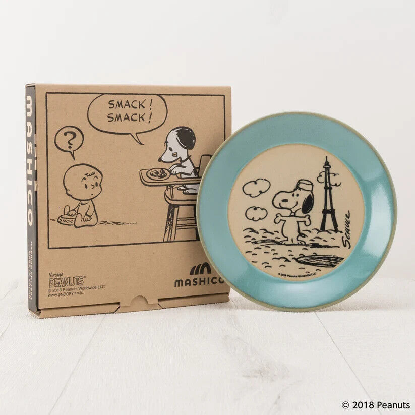 Peanuts Snoopy Paris Dish Plate Light Blue 17cm Pottery MASHICO Japan