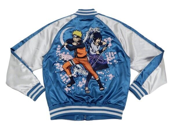 Naruto Uzumaki Sasuke Uchiha Embroidery Satin Jacket Blue M Size Sukajan Japan