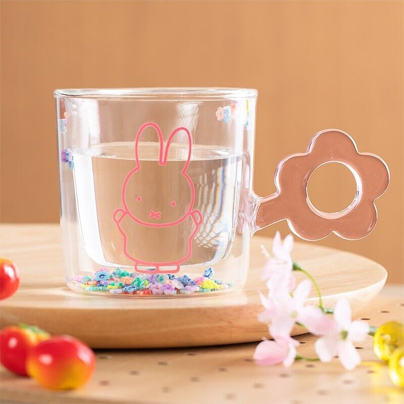 Miffy Double Wall Glass Tumblr Cup Flower Shower Handle Pink 250ml Japan Limited