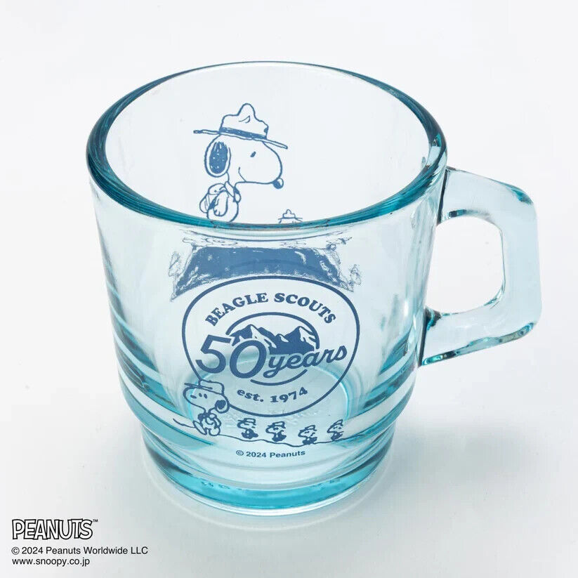 Fire-King Peanuts Snoopy Beagle Scouts 50 Years Stacking Muc Cup Sapphire Blue