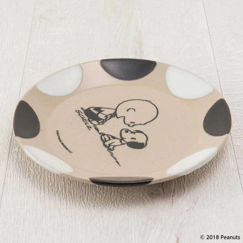 Peanuts Snoopy Charlie Brown Dish Plate Black White 17cm Pottery MASHICO Japan