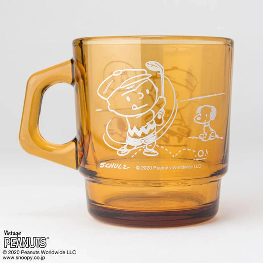 Fire-King Peanuts Snoopy GOLF Stacking Mug Cup Amber Glass 215ml Japan