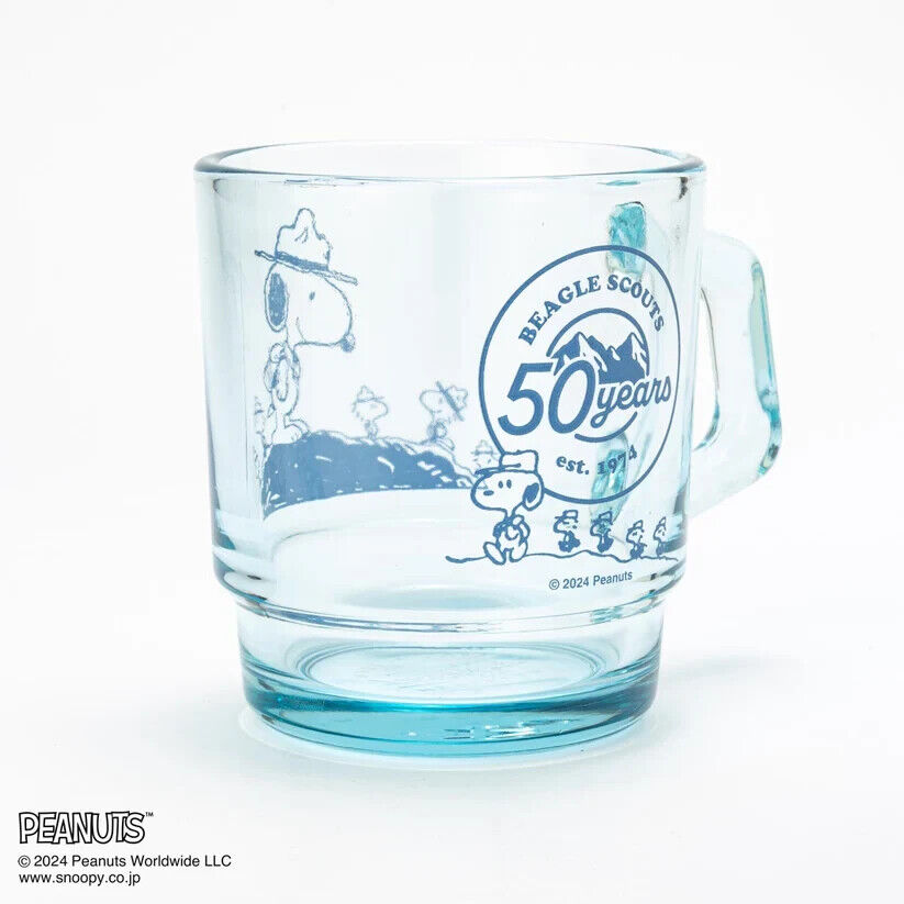 Fire-King Peanuts Snoopy Beagle Scouts 50 Years Stacking Muc Cup Sapphire Blue