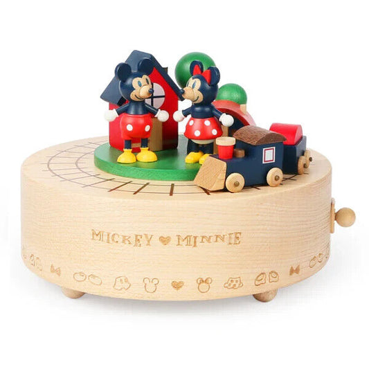 Disney Mickey & Minnie Mouse Locomotive Mechanical Music Box Wooden Japan LTD