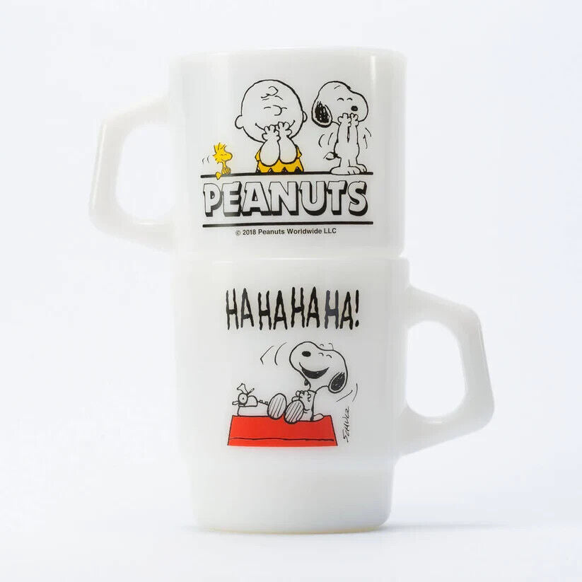 Fire-King Peanuts Snoopy LAUGH Stacking Mug Cup Milk White Glass 215ml Japan