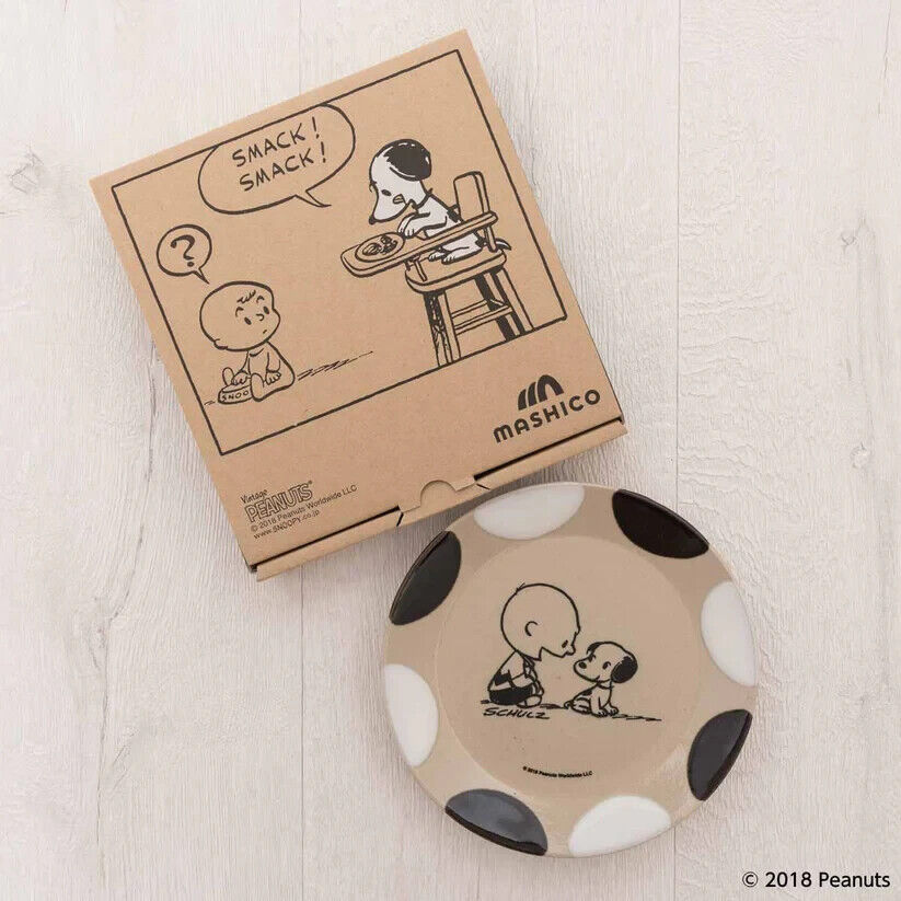 Peanuts Snoopy Charlie Brown Dish Plate Black White 17cm Pottery MASHICO Japan