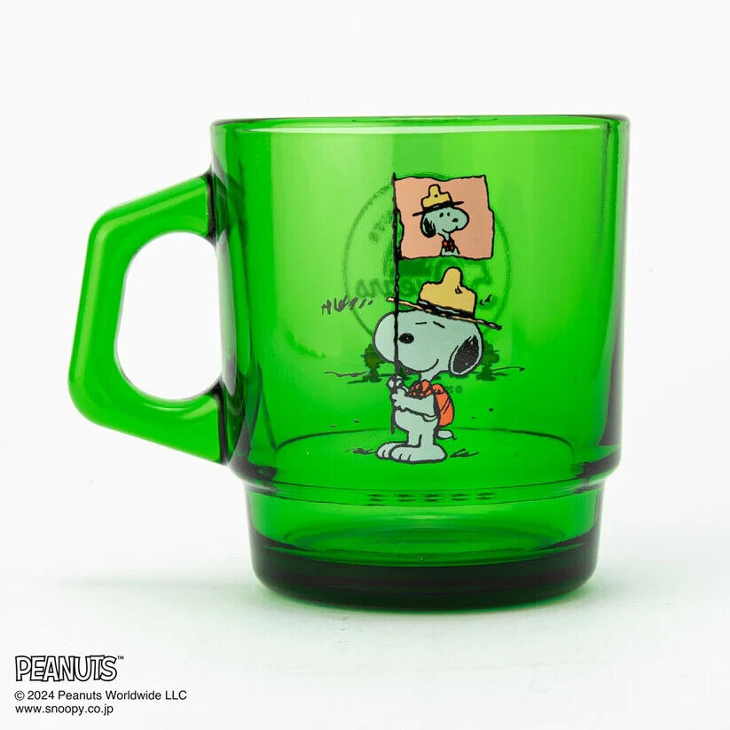 Fire-King Peanuts Snoopy Beagle Scouts 50 Years Stacking Muc Cup Forest Green