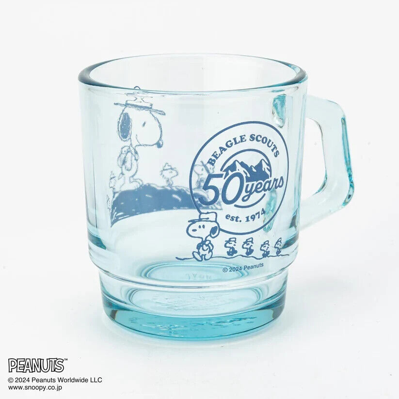 Fire-King Peanuts Snoopy Beagle Scouts 50 Years Stacking Muc Cup Sapphire Blue