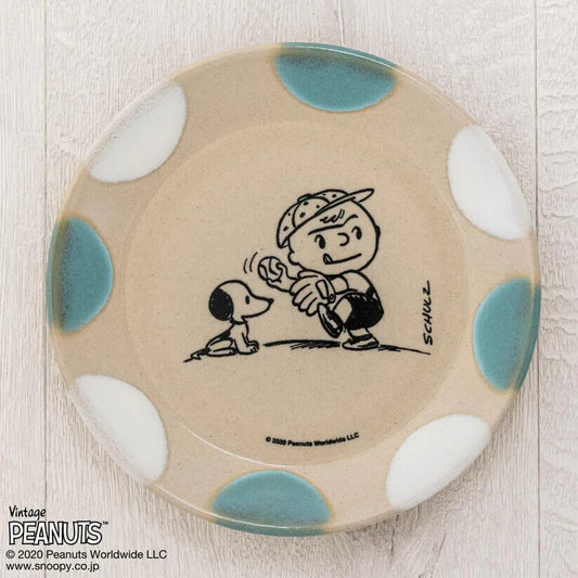 Peanuts Snoopy Baseball Dish Plate Light Blue White 17cm Pottery MASHICO Japan