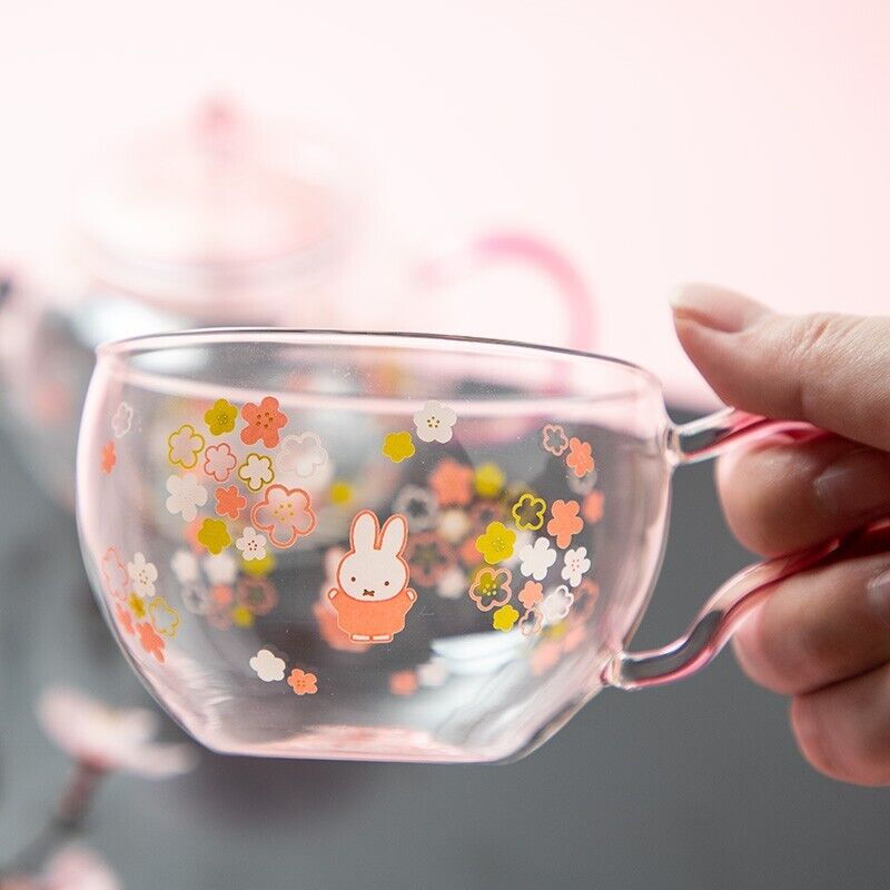 Miffy Sakura Flower Glass Tea Pot & Cup Set Heat Resistant Pink Japan Limited