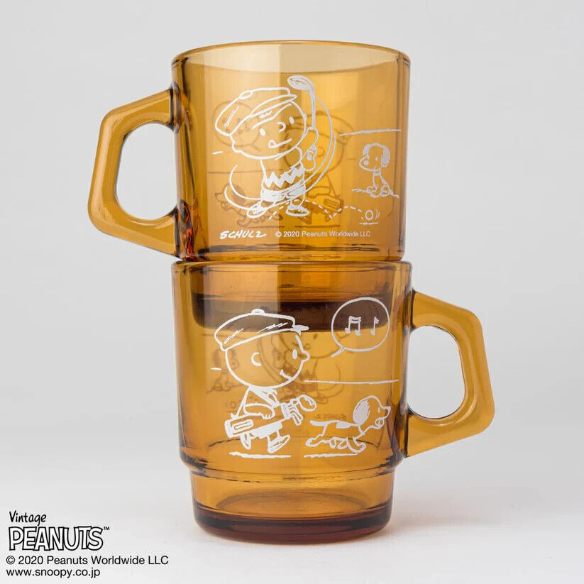 Fire-King Peanuts Snoopy GOLF Stacking Mug Cup Amber Glass 215ml Japan