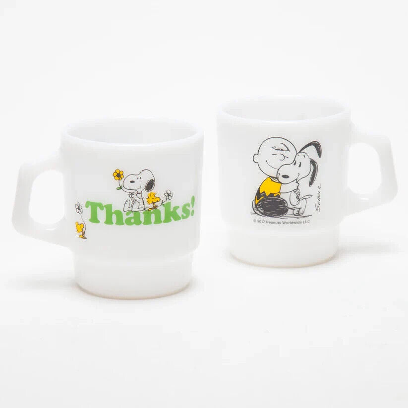 Fire-King Peanuts Snoopy Thanks! Stacking Mug Cup Milk White Glass 215ml Japan