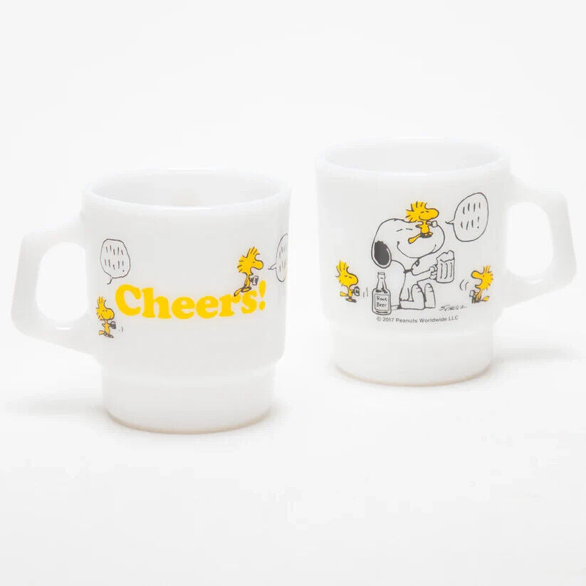 Fire-King Peanuts Woodstock Cheers Stacking Mug Cup Milk White Glass 215ml Japan