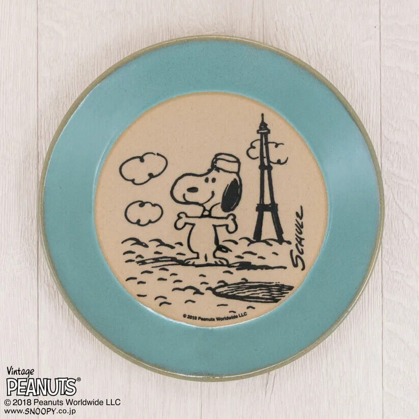 Peanuts Snoopy Paris Dish Plate Light Blue 17cm Pottery MASHICO Japan