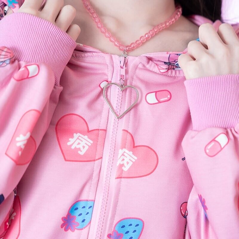 Sick Cute Warrior Menhera Chan Zip Hoodie Pink Harajuku Girl Japan