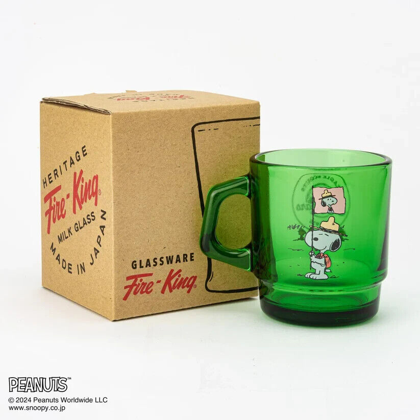 Fire-King Peanuts Snoopy Beagle Scouts 50 Years Stacking Muc Cup Forest Green