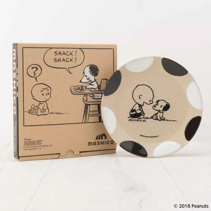 Peanuts Snoopy Charlie Brown Dish Plate Black White 17cm Pottery MASHICO Japan