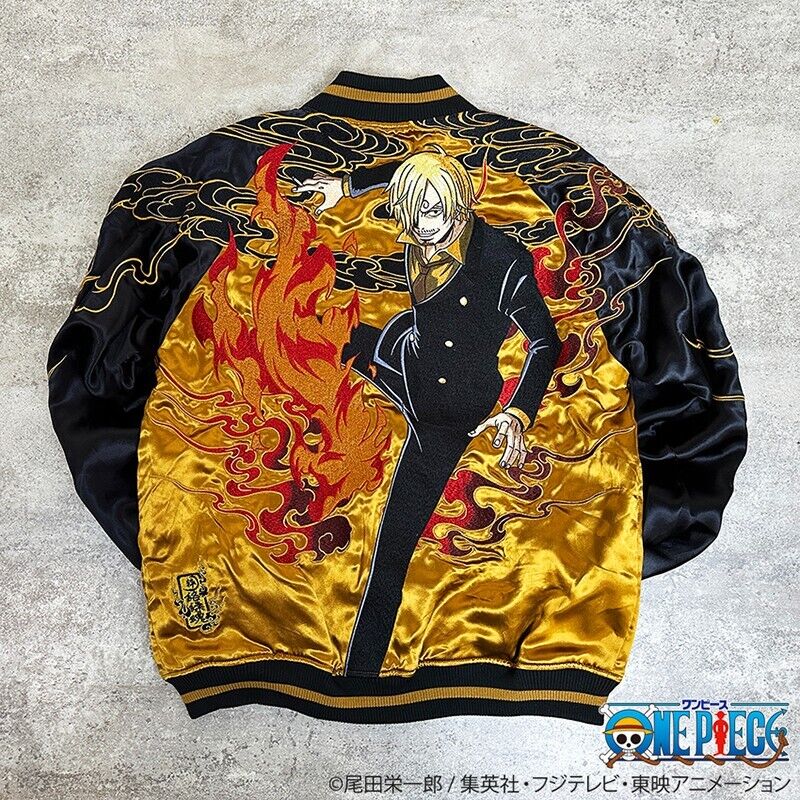 ONE PIECE Sanji Stain Jacket Embroidery Sukajan Reversible L Size Gold Black