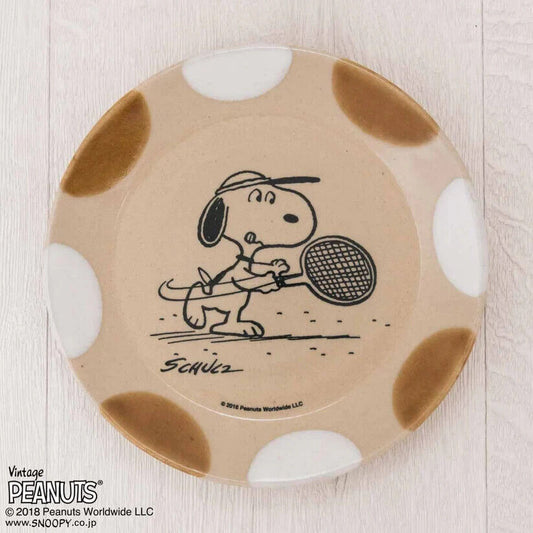 Peanuts Snoopy Tennis Dish Plate Amber White 17cm Pottery MASHICO Japan