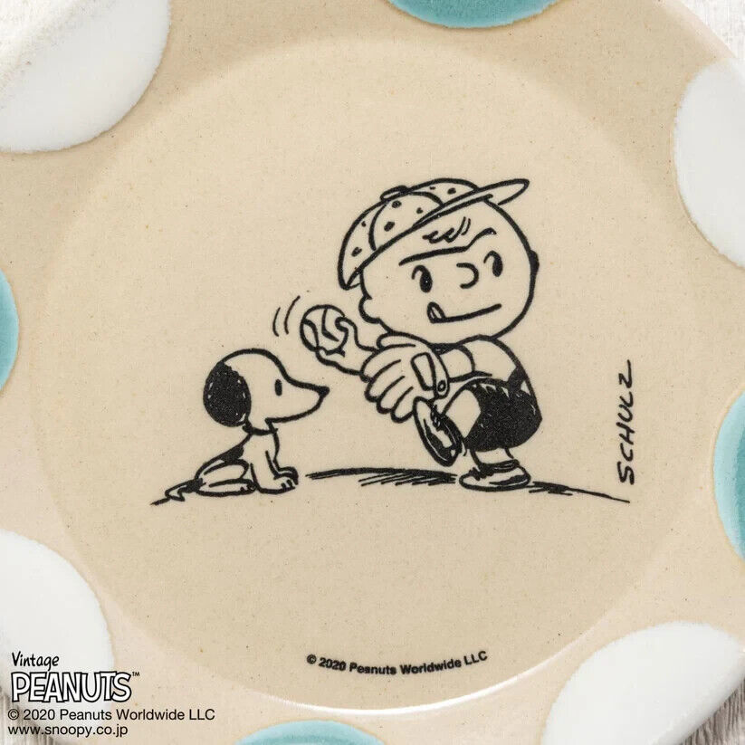 Peanuts Snoopy Baseball Dish Plate Light Blue White 17cm Pottery MASHICO Japan