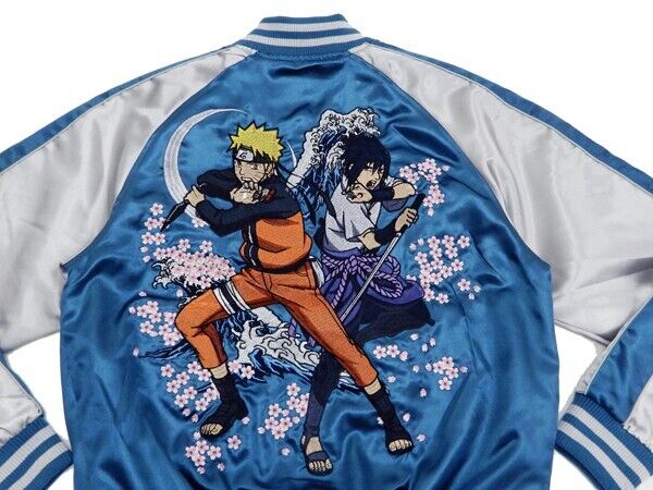 Naruto Uzumaki Sasuke Uchiha Embroidery Satin Jacket Blue M Size Sukajan Japan