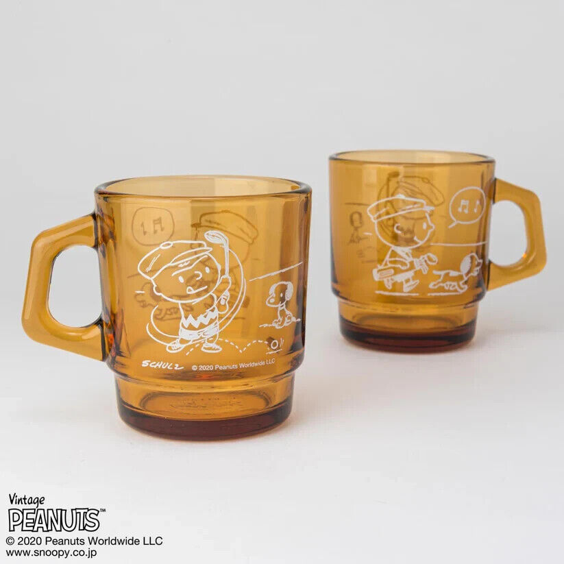 Fire-King Peanuts Snoopy GOLF Stacking Mug Cup Amber Glass 215ml Japan