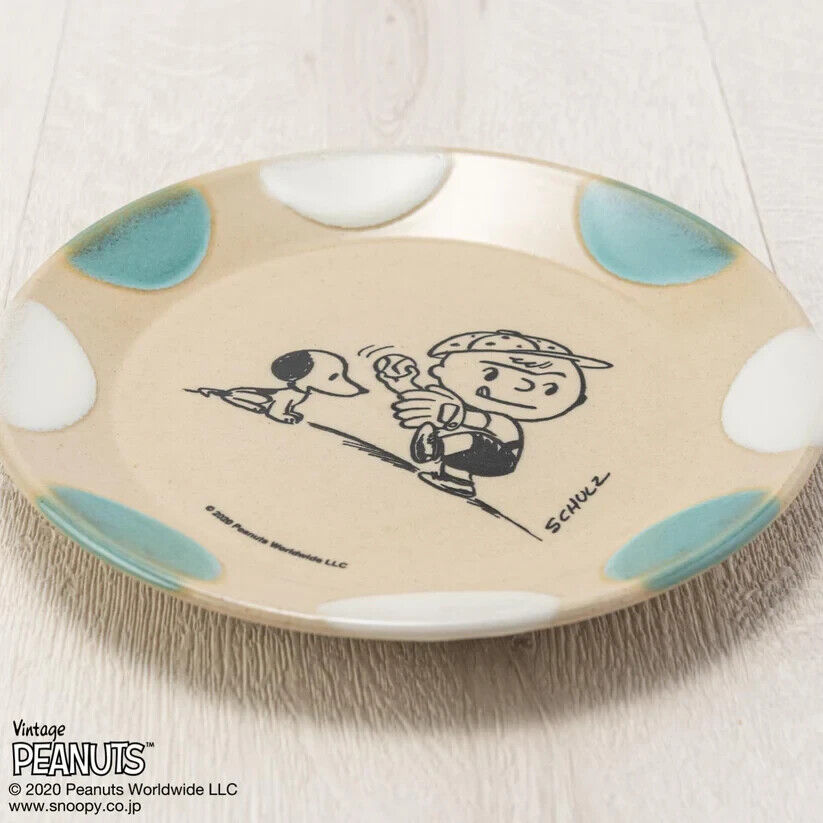 Peanuts Snoopy Baseball Dish Plate Light Blue White 17cm Pottery MASHICO Japan