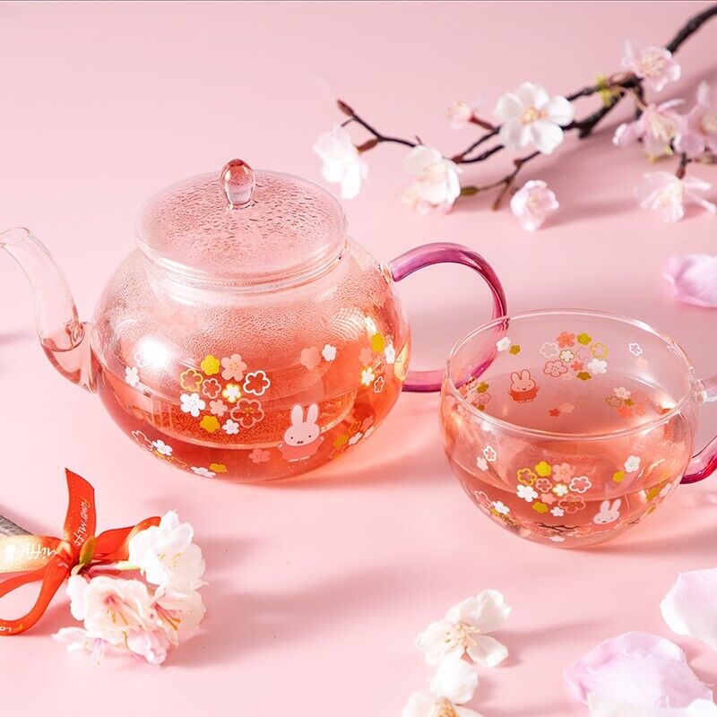 Miffy Sakura Flower Glass Tea Pot & Cup Set Heat Resistant Pink Japan Limited