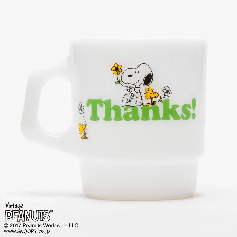 Fire-King Peanuts Snoopy Thanks! Stacking Mug Cup Milk White Glass 215ml Japan