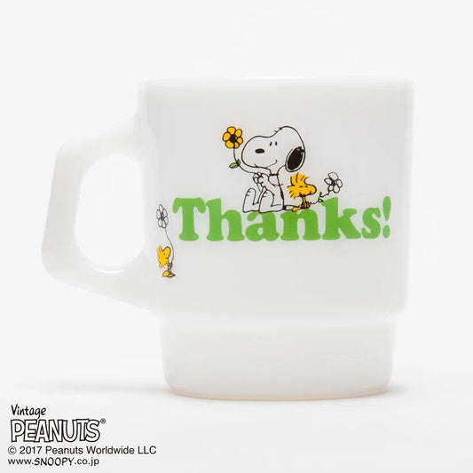 Fire-King Peanuts Snoopy Thanks! Stacking Mug Cup Milk White Glass 215ml Japan