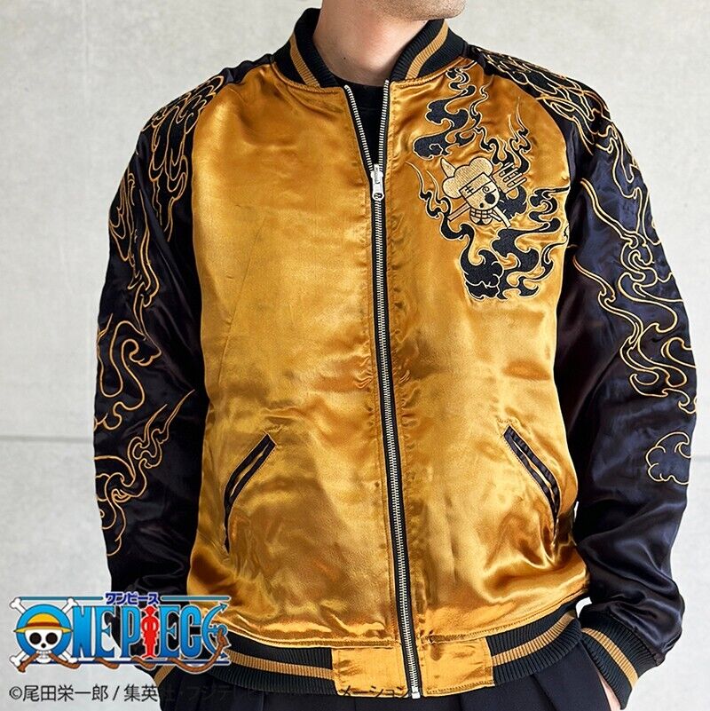 ONE PIECE Sanji Stain Jacket Embroidery Sukajan Reversible L Size Gold Black