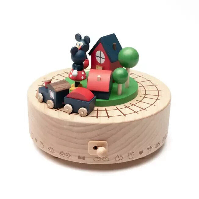 Disney Mickey & Minnie Mouse Locomotive Mechanical Music Box Wooden Japan LTD