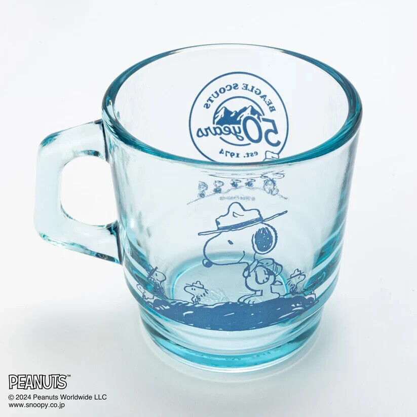 Fire-King Peanuts Snoopy Beagle Scouts 50 Years Stacking Muc Cup Sapphire Blue