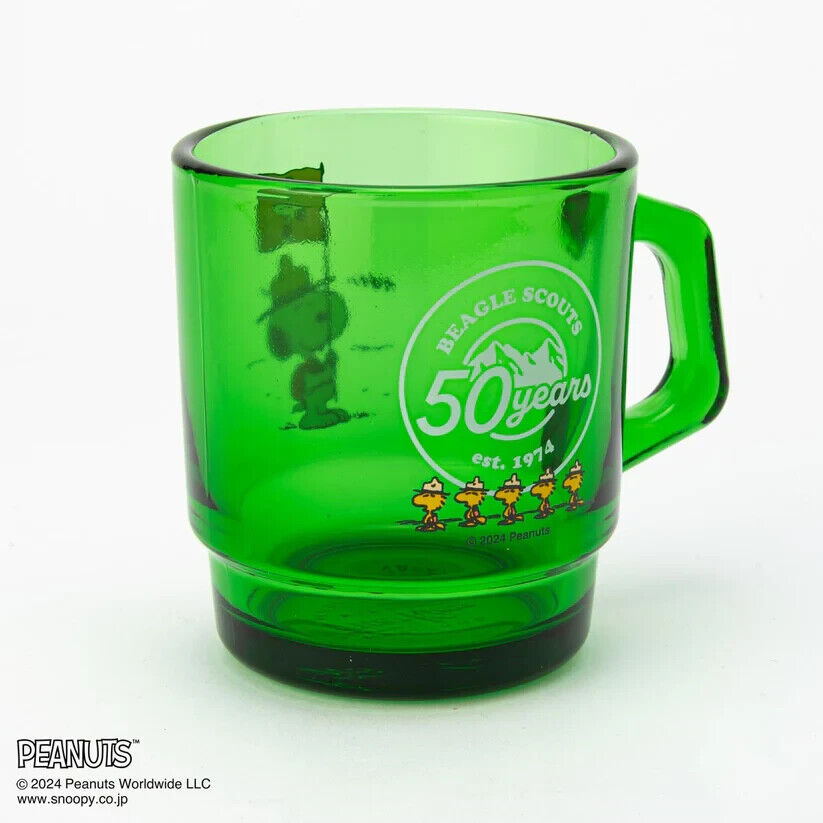 Fire-King Peanuts Snoopy Beagle Scouts 50 Years Stacking Muc Cup Forest Green