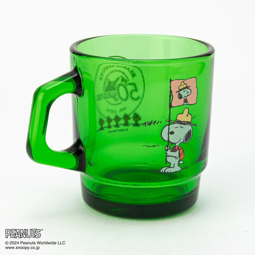 Fire-King Peanuts Snoopy Beagle Scouts 50 Years Stacking Muc Cup Forest Green