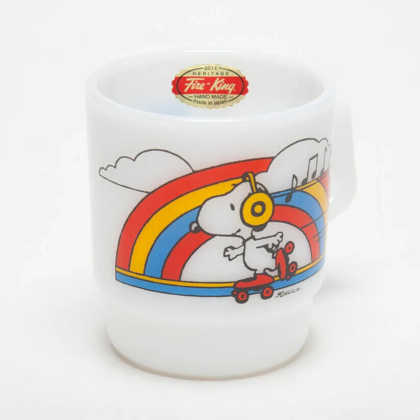 Fire-King Peanuts Snoopy Roller Skate Stacking Mug Cup Milk White Glass 215ml