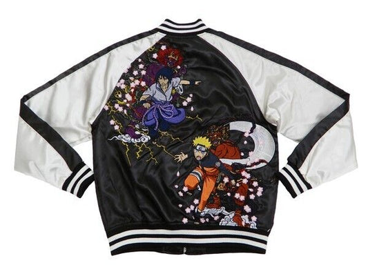 Naruto Uzumaki Sasuke Uchiha Embroidery Satin Jacket Black L Size Sukajan