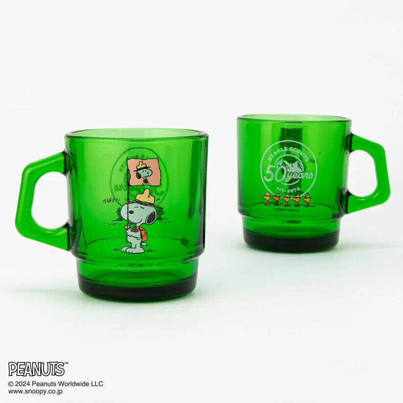 Fire-King Peanuts Snoopy Beagle Scouts 50 Years Stacking Muc Cup Forest Green