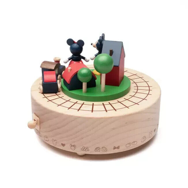 Disney Mickey & Minnie Mouse Locomotive Mechanical Music Box Wooden Japan LTD