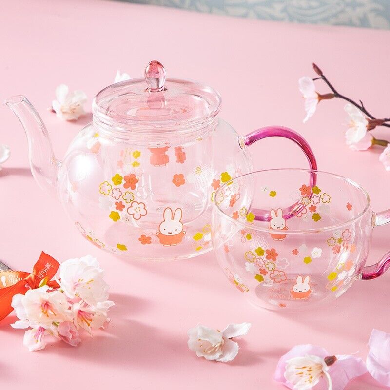 Miffy Sakura Flower Glass Tea Pot & Cup Set Heat Resistant Pink Japan Limited