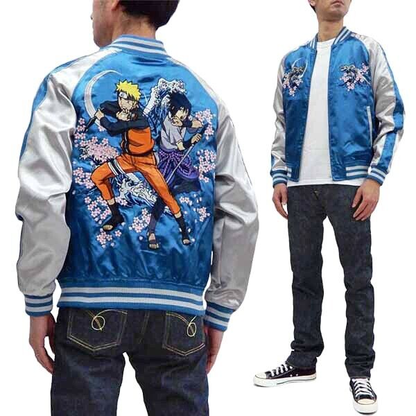 Naruto Uzumaki Sasuke Uchiha Embroidery Satin Jacket Blue M Size Sukajan Japan