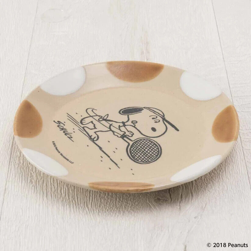 Peanuts Snoopy Tennis Dish Plate Amber White 17cm Pottery MASHICO Japan