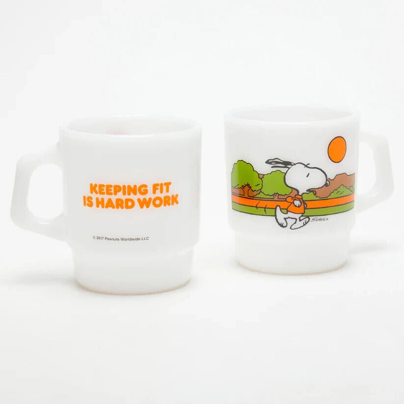 Fire-King Peanuts Snoopy Running Mug Cup White Milk Glass 215ml