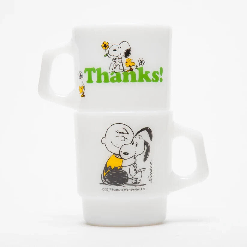 Fire-King Peanuts Snoopy Thanks! Stacking Mug Cup Milk White Glass 215ml Japan