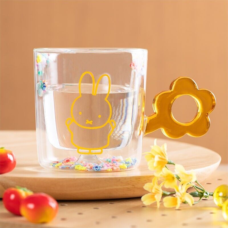 Miffy Double Wall Glass Tumblr Cup Flower Shower Handle Yellow 250ml Japan LTD