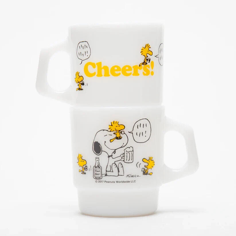 Fire-King Peanuts Woodstock Cheers Stacking Mug Cup Milk White Glass 215ml Japan