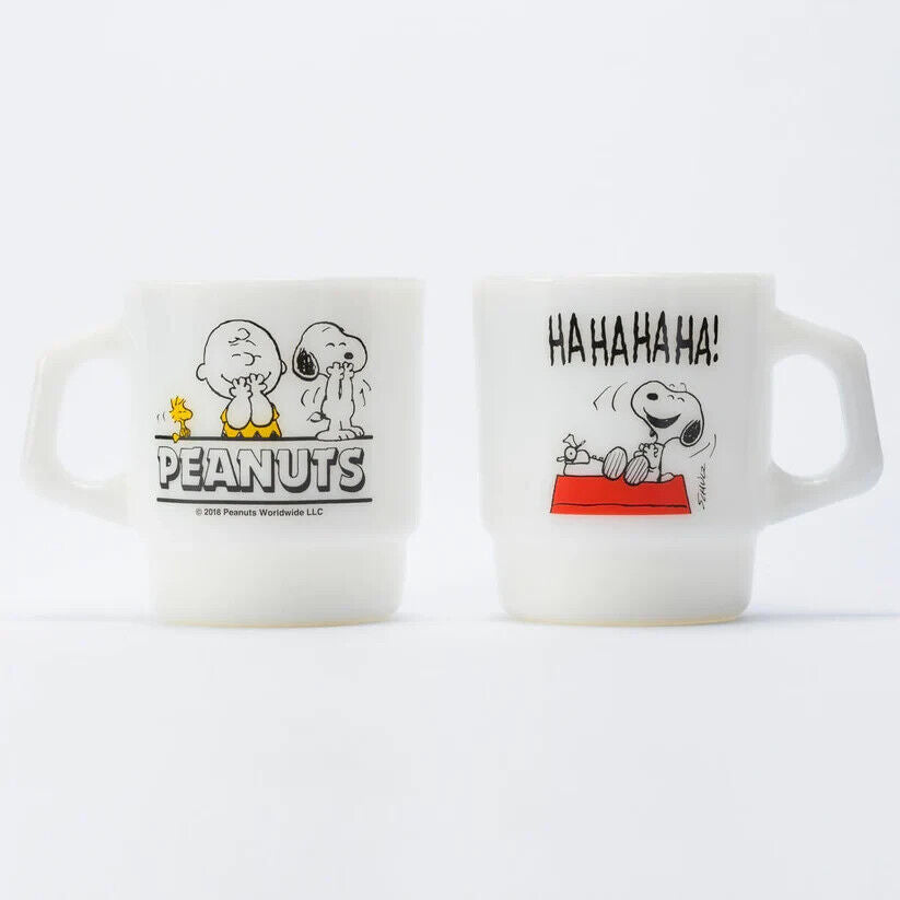 Fire-King Peanuts Snoopy LAUGH Stacking Mug Cup Milk White Glass 215ml Japan