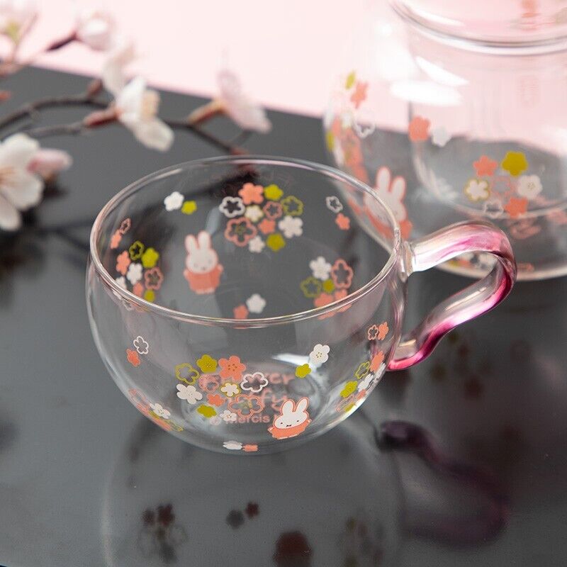 Miffy Sakura Flower Glass Tea Pot & Cup Set Heat Resistant Pink Japan Limited