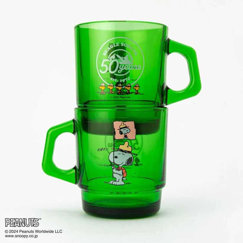 Fire-King Peanuts Snoopy Beagle Scouts 50 Years Stacking Muc Cup Forest Green