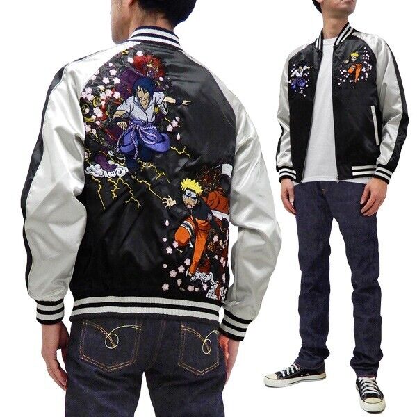 Naruto Uzumaki Sasuke Uchiha Embroidery Satin Jacket Black L Size Sukajan